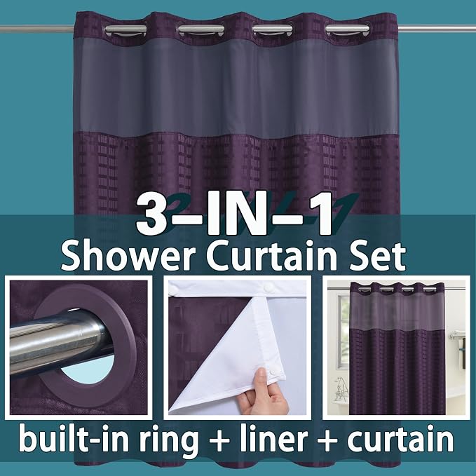 Conbo Mio Extra Long No Hook Shower Curtain with Snap in Liner Set, Hotel Luxury Purple Shower Curtains for Bathroom with See Through Top Window, Waterproof, Washable 71W x 84H