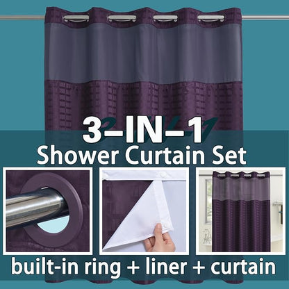 Conbo Mio Extra Long No Hook Shower Curtain with Snap in Liner Set, Hotel Luxury Purple Shower Curtains for Bathroom with See Through Top Window, Waterproof, Washable 71W x 84H
