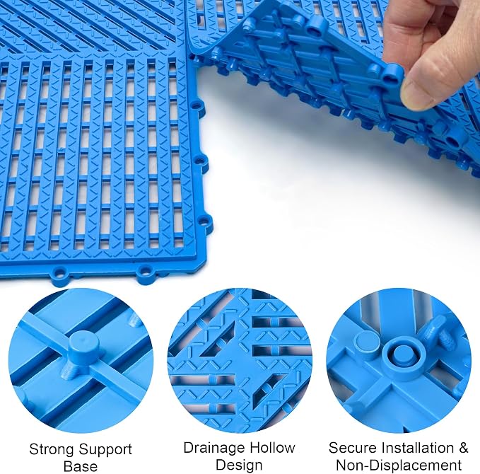 Modular Interlocking Cushion 12 Pack 11.8" x 11.8" Rubber Floor Tiles Non-Slip Splicing Drainage Mats for Deck, Pool, Shower, Patio, Balcony, Bathroom, Kitchen, Yard (Diagonal, Blue)
