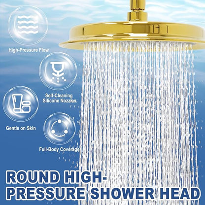 Bright Gold 9inch Rain Showerheads, High Pressure Rainfall Overhead Shower Head Replacement, Classic Vintage Stainless Steel Shower Heads with Silicone Nozzle