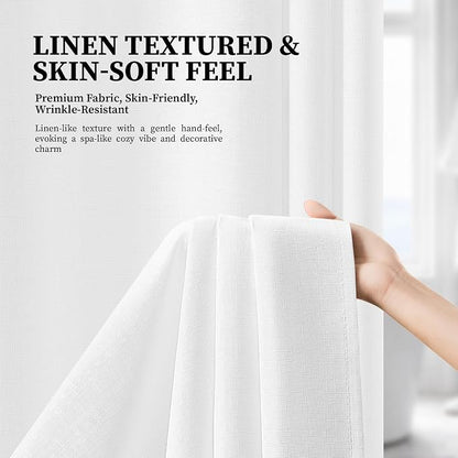 White Ringless Linen Textured Shower Curtain with Snap in Liner, 72x75 | 3 in 1 Hotel Shower Curtain Set, Removable Liner, Waterproof & Washable, Mesh Top Window, Durable Fabric, Easy to Install