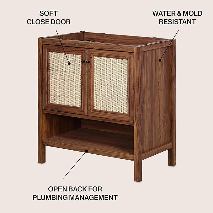 JONATHAN Y VAN1024B Jasper 30 in. W x 18 in. D x 33 in. H Rattan Modern Coastal 2-Shelf Bathroom Vanity Cabinet Only with Soft Closing Doors (Sink Basin Not Included), Walnut