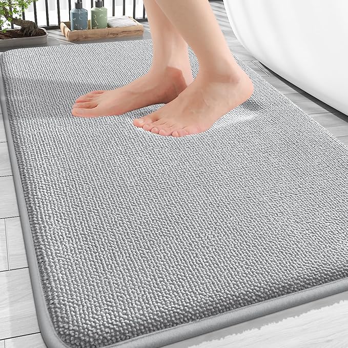 OLANLY Thick Memory Foam Bathroom Rug 34x21, Absorbent Bath Mat, Light Grey | Soft Quick Dry Bath Rugs, Non-Slip, Machine Washable Carpet for Bathroom Floor, Tub and Shower, Home Decor Accessories