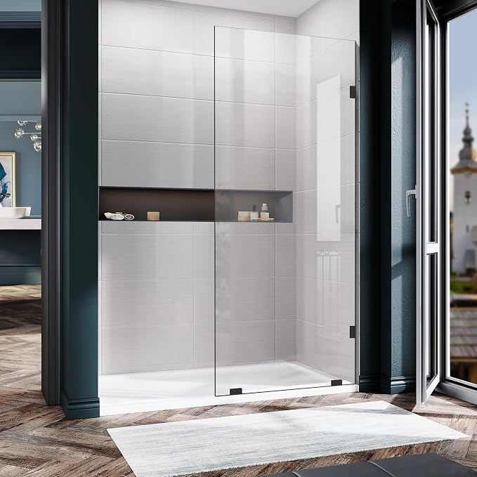 32" x 78" Shower Glass Panel, 5/16" (8mm) Tempered Glass,Open Walk-in Bathroom Shower Screen, Includes Wall Clamps, Matte Black