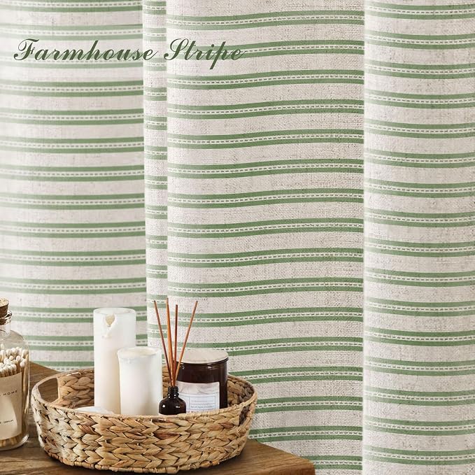 Farmhouse Striped Shower Curtain Horizontal Green Vintage Linen 72"W X 72"L | Striped Shower Curtains with Linen Texture for Bathroom Decor