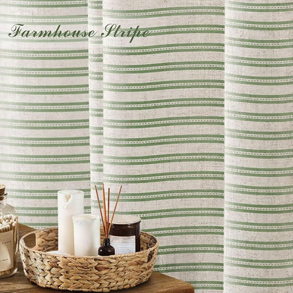 Farmhouse Striped Shower Curtain Horizontal Green Vintage Linen 72"W X 72"L | Striped Shower Curtains with Linen Texture for Bathroom Decor