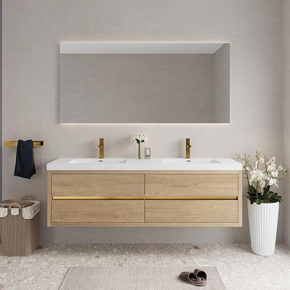Abruzzo 72" Natural Oak Wall-Mounted Bathroom Vanity with Double Sink – Stone Resin Countertop & Soft-Close Drawers, Waterproof Wood Cabinet for Bathrooms