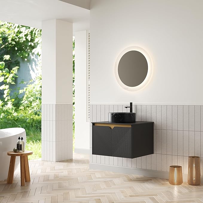 24 Inch Bathroom Vanity with Sink, Floating Fluted Vanity with Vessel Sink, Small Wall Mounted Bathroom Vanity Cabinet with 2 Doors, Black Round Ceramic Sink & Sintered Stone Top, Black