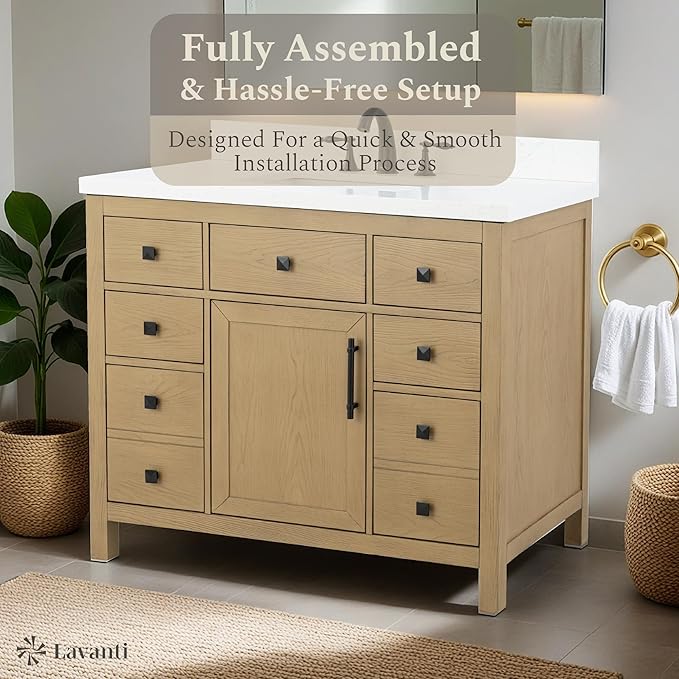 Lavanti Oakford 42 Inch Bathroom Vanity with Sink – Stylish Firwood Oak Vanity Bathroom with Storage Cabinet – Modern Bathroom Vanities with Single Vanity Sink & Quartz Countertop