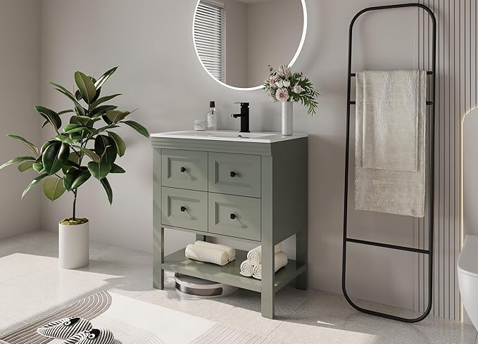 eclife 30" Bathroom Vanity with Sink Combo, Modern Painted Vanities Cabinet with Big Drawers, Opening Bottom Shelf, Raised Foot Pads, Include Undermount White Sink, Faucet & Drain, Green