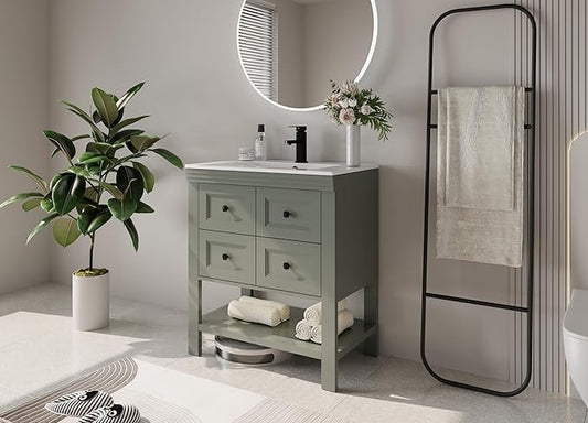 eclife 30" Bathroom Vanity with Sink Combo, Modern Painted Vanities Cabinet with Big Drawers, Opening Bottom Shelf, Raised Foot Pads, Include Undermount White Sink, Faucet & Drain, Green