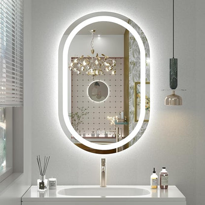 OKPAL 40x24 Oval LED Mirror for Bathoom, Oval Bathroom Mirror with Lights, Dimmiable Lighted Vanity Mirror, Anti-Fog, Shatter-Proof, Memory, 3 Colors (Front Lights + Backlit)