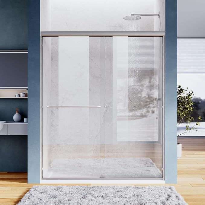 SUNNY SHOWER Bypass Sliding Shower Door Semi-Frameless Shower Enclosure 1/4"(6mm) Glass Sliding Bathroom Door, Brushed Nickel Finish, 48" W x 72" H
