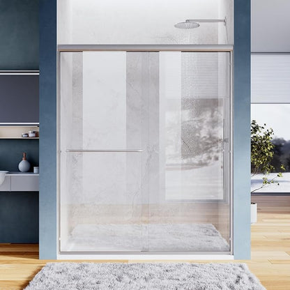 SUNNY SHOWER Bypass Sliding Shower Door Semi-Frameless Shower Enclosure 1/4"(6mm) Glass Sliding Bathroom Door, Brushed Nickel Finish, 48" W x 72" H