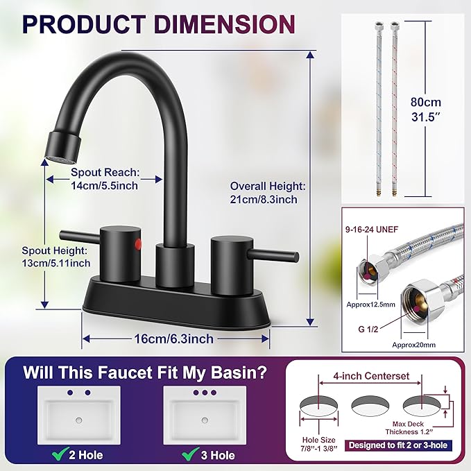 Matte Black Bathroom Faucet for 3 Hole, Herogo 4 Inch 2-Handle Bathroom Sink Faucet with Pop-Up Drain and Supply Hoses, 18/10 Stainless Steel Faucets for RV Vanity