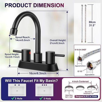 Matte Black Bathroom Faucet for 3 Hole, Herogo 4 Inch 2-Handle Bathroom Sink Faucet with Pop-Up Drain and Supply Hoses, 18/10 Stainless Steel Faucets for RV Vanity