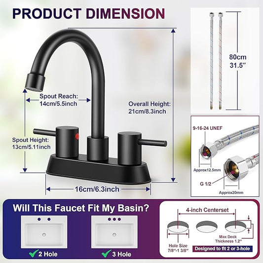 Matte Black Bathroom Faucet for 3 Hole, Herogo 4 Inch 2-Handle Bathroom Sink Faucet with Pop-Up Drain and Supply Hoses, 18/10 Stainless Steel Faucets for RV Vanity
