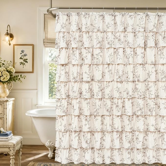 Yinhua Extra Long Farmhouse Ruffle Shower Curtain for Bathroom, 72" Wx84 L | Brown Floral Print, Ruflle Design, 12 Metal Hooks, Vintage Rustic Washable Waterproof Shower Curtain for Bathroom Bathtub