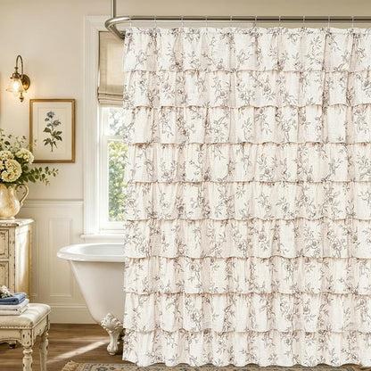 Farmhouse Floral Shower Curtain, Ruffle Bathroom Curtains, 72"Wx72"L | Brown Floral Print, Ruflle Design, 12 Metal Hooks, Vintage Rustic Washable Waterproof Shower Curtain for Bathroom Bathtub