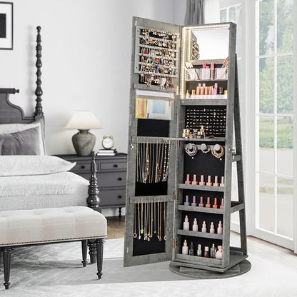 CHARMAID 360° Swivel Jewelry Armoire with Full Length Mirror, Rear Storage Shelves, Lockable Standing Jewelry Cabinet Organizer with Interior Vanity Mirror and 3-Color Lights (Stone Gray)