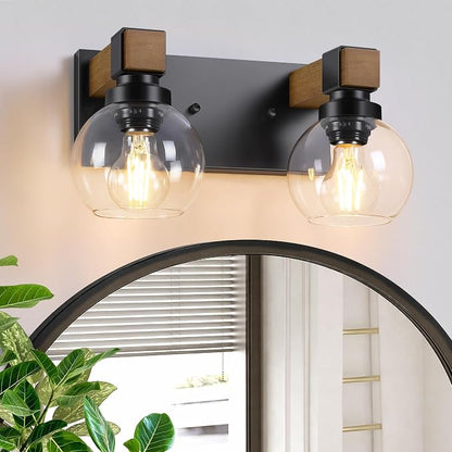 Farmhouse Bathroom Vanity Light, 2-Light Wood Bathroom Light Fixtures Over Mirror, Black Vanity Lighting Fixtures with Glass Shades, Rustic Bathroom Lighting for Living Room Bedroom Hallway