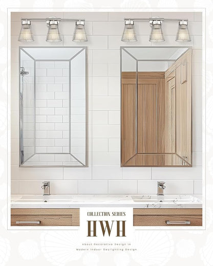 HWH INVESTMENT 3-Light Bathroom Vanity Light, Brushed Nickel, 5HZG97B-3W BN | 24.1-Inch Hardwired Wall Light with Clear Striped Glass; 3 E26 Bulbs, Max 60W Each; Bulbs Not Included