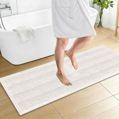 OLANLY Thick Bathroom Runner Rugs 59x20, Chenille Long Bath Rugs, Ivory | Soft Absorbent Striped, Rubber Backing, Machine Wash, Bath Mats for Bathroom Floor, Tub and Shower, Home Decor Accessories