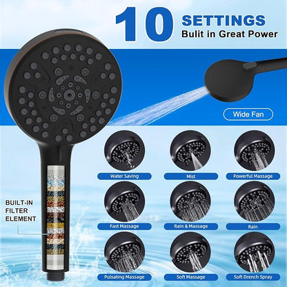 Metal 10" Filtered Rainfall Showerhead Combo, Easy Reach, Oil Rubbed Bronze | 4-Way Diverter with Pause Mode, High Pressure Shower Head with 10-Spray Handheld, 71" Hose/12" Extension Arm/Holder