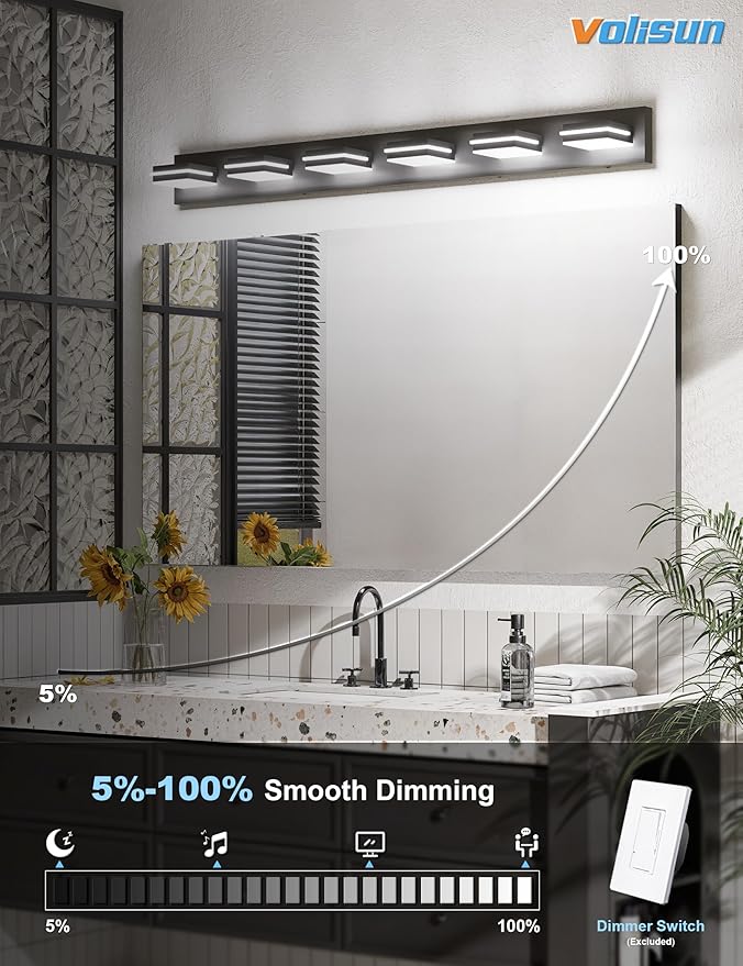 VOLISUN Modern Bathroom Vanity Light Fixtures (6-Light, 48-Inch), 5CCT Dimmable Lighting Fixtures Over Mirror, 360 Rotatable Head, Black LED Vanity Lights