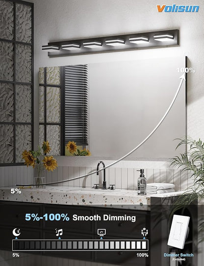 VOLISUN Modern Bathroom Vanity Light Fixtures (6-Light, 48-Inch), 5CCT Dimmable Lighting Fixtures Over Mirror, 360 Rotatable Head, Black LED Vanity Lights