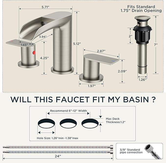FORIOUS Bathroom Faucets 3 Hole, Waterfall Bathroom Sink Faucet with Pop-Up Drain & Water Supply, Brushed Nickel 8 Inch Widespread for Restroom, Vanity, Commercial Lavatory