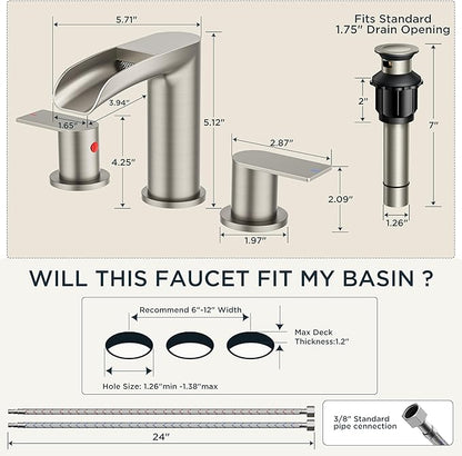FORIOUS Bathroom Faucets 3 Hole, Waterfall Bathroom Sink Faucet with Pop-Up Drain & Water Supply, Brushed Nickel 8 Inch Widespread for Restroom, Vanity, Commercial Lavatory