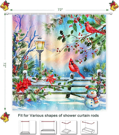 Winter Shower Curtain, Shower Curtains Cardinal Birds Berry Snowman Pine Tree Holiday showercurtain Waterproof Polyester Machine Washable Home Farmhouse Decor Bathroom Curtains
