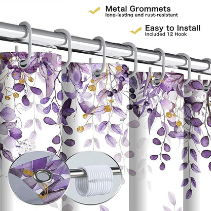 Extra Long Eucalyptus Shower Curtain 72X84 Inch, Purple Watercolor Plants Leaves Floral Tall Bathroom Curtains, Botanical Foliage Waterproof Fabric Cloth Shower Curtain Set with Hooks
