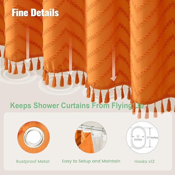 Dynamene Extra Long Shower Curtain and Liner Set - 96 inch Tall Boho Shower Curtain and Waterproof Clear Liner, Tufted Chevron Striped Tassel Shower Curtains for Bathroom, 12 Hooks, 72x96, Orange