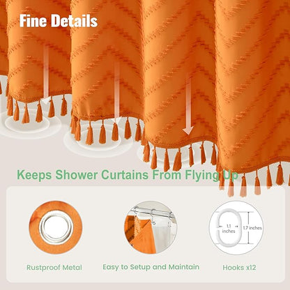 Dynamene Extra Long Shower Curtain and Liner Set - 96 inch Tall Boho Shower Curtain and Waterproof Clear Liner, Tufted Chevron Striped Tassel Shower Curtains for Bathroom, 12 Hooks, 72x96, Orange