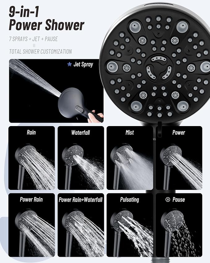 Filtered Handheld Shower Head for Hard Water, High Pressure Showerhead with 7 Spray Modes, Power Jet & Pause, Detachable & Adjustable for Healthier Skin & Hair - Matte Black (VMASSTONE HM-003)