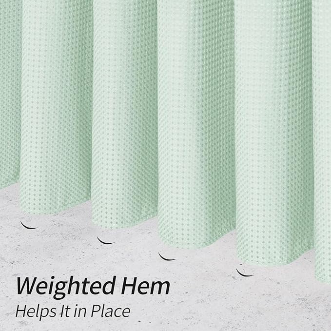 MitoVilla Green Waffle Small Stall Shower Curtain 36 x 72, Half Size Fabric Narrow Shower Curtains for Bathroom Decor, 36 inch Weighted Shower Curtain Set with Plastic Hooks, Mint Green