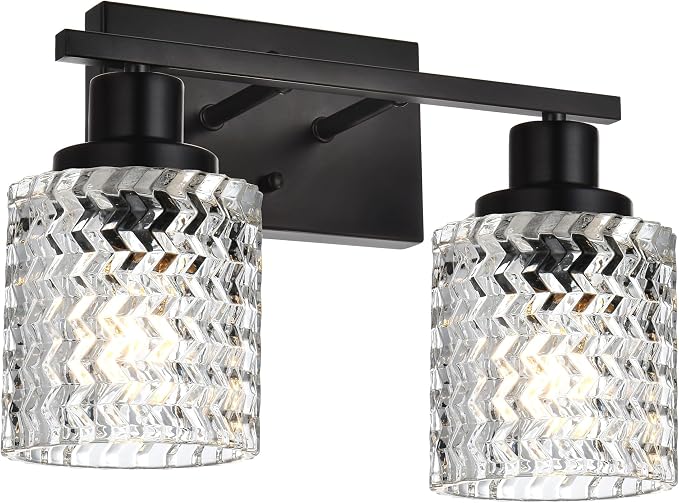 MELUCEE 2-Light Wall Sconce Lighting with Hammered Glass Shade | Industrial Black Bathroom Lights Over Mirror, Modern Vanity Lighting Fixtures for Porch Entryway Stair