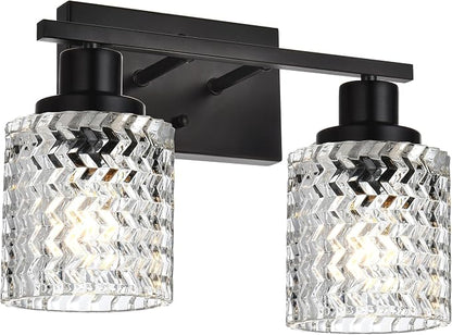 MELUCEE 2-Light Wall Sconce Lighting with Hammered Glass Shade | Industrial Black Bathroom Lights Over Mirror, Modern Vanity Lighting Fixtures for Porch Entryway Stair
