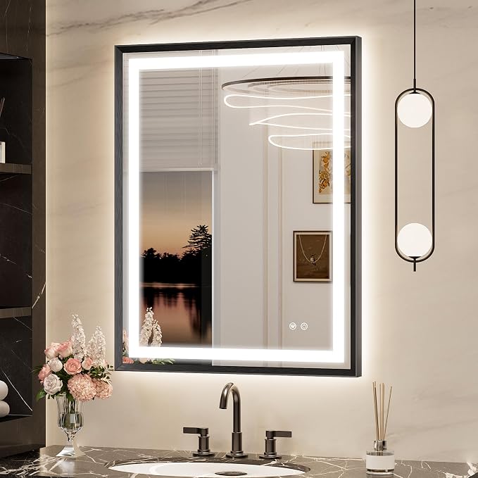 Keonjinn 28x36 Inch Black LED Bathroom Mirror with Lights, Beveled Edge | Frontlit & Backlit, Lighted Bathroom Mirror, HD Tempered Glass, 3 Color Temperatures, Anti-fog, Stepless Dimmable