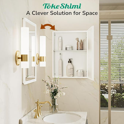 TokeShimi 14 x 24 White Recessed Medicine Cabinet with Mirror, Assembly Required, Bathroom Medicine Cabinet with Mirror, Stepless Adjustable Shelves, Beveled Aluminum Frame, DTC Hinge