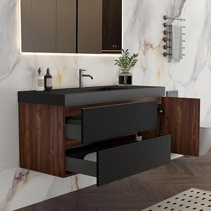 48 Inch Bathroom Vanity with Sink, Floating Bathroom Cabinet with 2 Soft-Closing Drawers & 1 Door, Large Storage for Apartment, Hotel, Walnut+Black, Black Sink(Already Assembled)