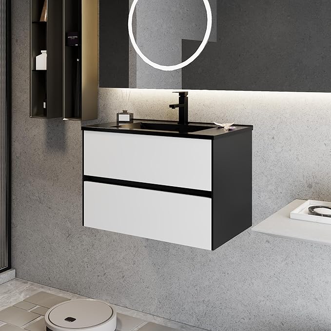 eclife 30" Bathroom Vanity Cabinet with Undermount Black Sink Combo, Wall Mounted Floating Bathroom Cabinet with Colors Mixed Style, 2 Big Drawers & Matte Black Faucet