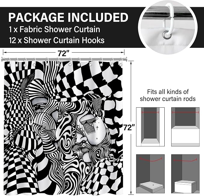 Black White Trippy Abstract Face Shower Curtain Set 72x72 Inches | Trippy Abstract Face Checkerboard Print, Modern Indie Home Guest Housewarming Art Lover Bath Decor, With Fabric Hooks