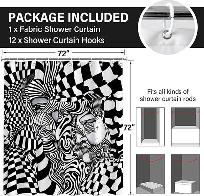 Black White Trippy Abstract Face Shower Curtain Set 72x72 Inches | Trippy Abstract Face Checkerboard Print, Modern Indie Home Guest Housewarming Art Lover Bath Decor, With Fabric Hooks