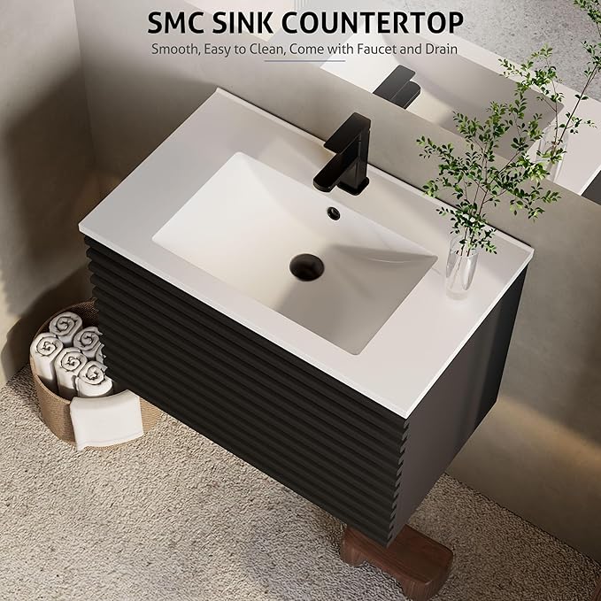eclife 30" Floating Bathroom Vanity with Sink Combo Mid-Century Wall Mounted Cabinet with Wood Stripes Decor, Drawers, Undermount Single Sink, Faucet, Drain, Black