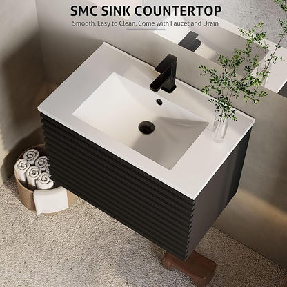 eclife 30" Floating Bathroom Vanity with Sink Combo Mid-Century Wall Mounted Cabinet with Wood Stripes Decor, Drawers, Undermount Single Sink, Faucet, Drain, Black