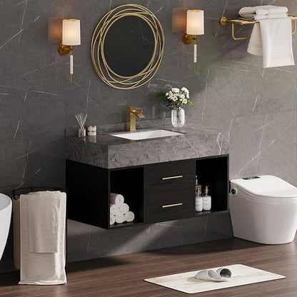 KunMai 39.4" Black Floating Bathroom Vanity with Sink – Modern Wall Mounted Bathroom Cabinet with Sintered Stone Countertop, Soft-Close Drawers, Space-Saving Vanity for Small Bathrooms