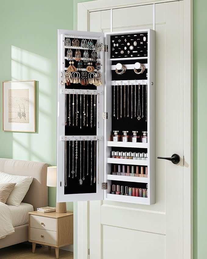 Nicetree Hanging Jewelry Cabinet, Jewelry Organizers and Storage, White | Lockable Jewelry Armoire Organizer, Over the Door Mirror with Jewelry Storage, Full Length, Gift Idea, Easy Assembly